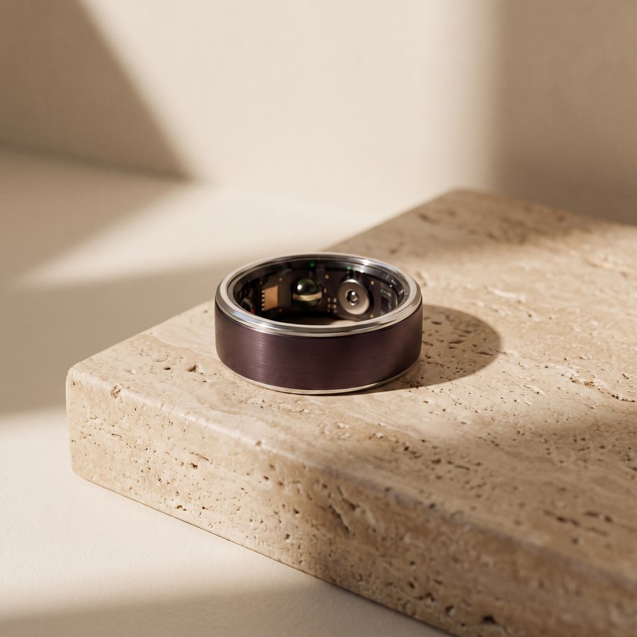 The CoraVella smart ring resting on a travertine pedestal